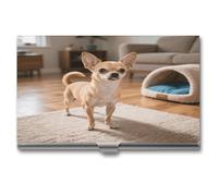asbwuo Pocket Business Card Holder Case Metal Slim Pocket Wallet Cozy Room Chihuahua Printed Business Card Case Women Men