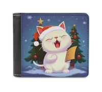 asbwuo Pu Wallet for Men Personalized Card Holder Wallet Funny Cute Cat Sing Christmas Carols Print Mens Wallets for Work Travel and Daily Use