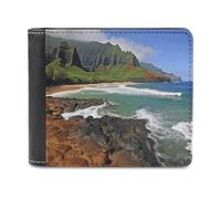 asbwuo Pu Wallet for Men Personalized Card Holder Wallet Funny Kauai Hawaii Seashore Print Mens Wallets for Work Travel and Daily Use