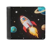 asbwuo Pu Wallet for Men Personalized Card Holder Wallet Funny Rocket Flies Into Space Print Mens Wallets for Work Travel and Daily Use