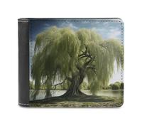 asbwuo Pu Wallet for Men Personalized Card Holder Wallet Funny Willow Tree Print Mens Wallets for Work Travel and Daily Use