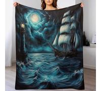 asbwuo Sailboat Star Moon Throw Blanket, Soft Lightweight Cozy Warm Coastal Lighthouse Waves Flannel Blankets for Couch Bed Travel, 30"x40"
