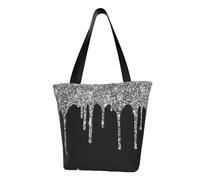 asbwuo Silver Glitter Drips Sparkle Black Shoulder Bag, High-Density Polyester Tote With Zipper Closure & Inner Pocket, Spacious & Lightweight For Market, Beach & Travel