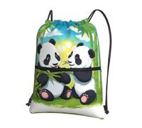 asbwuo Two happy pandas Printed drawstring sports backpack zippered drawstring backpack suitable for hiking and fitness