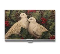 asbwuo Two Turtle Doves with Holly Trimmings Surrealist Business Card Holder, Pocket Slim Portable Metal Business Card Case for Women Men