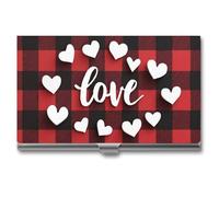 asbwuo Valentine's Day Heart Love on Red Black Checkered Pattern Business Card Holder, Pocket Slim Portable Metal Business Card Case for Women Men