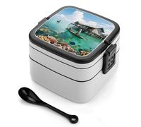asbwuo Villages on The Sea Bento Box Double Layer Lunch Box for Adults with Spoon and Handle Bento Boxes Leakproof One-piece Stackable Lunchbox for Work Picnics and Travel