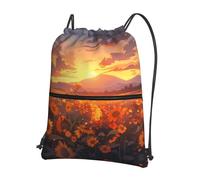 asbwuo Yellow sunflowers at sunset Printed floral pocket gym bag zippered drawstring backpack suitable for travel