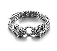 ASCHXUGX Gothic Stainless Steel Double Row Wheat Ears Growling Tiger Head Bracelet,Men's Domineering Punk Motorcycle Tiger Head Bracelet