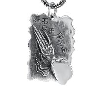 ASCHXUGX S925 Sterling Silver Praying Hands Pendant, Men's And Women's Good And Evil One Thought Square Pendant Necklace,Silver,Pendant + Chain 55cm