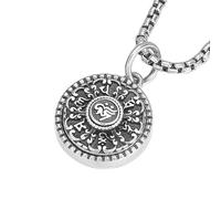 ASCHXUGX S925 Sterling Silver Six Characters Pendant, Men And Women Vintage Small Round Plaque Pendant Necklace,Silver,Pendant + Chain 65cm