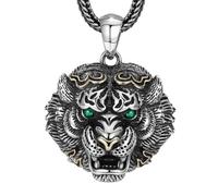 ASCHXUGX S925 Sterling Silver Tiger Head Green Eyes Pendant, Men's Tiger Head Sterling Silver Pendant Necklace,Silver,Pendant + Chain 55cm