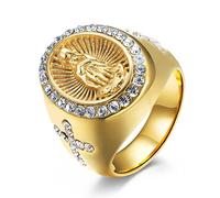 ASCHXUGX Virgin Mary Seal Ring, Vintage Diamond Set Stainless Steel Men's And Women's Ring,Gold,13