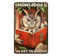Ascigo Funny Tin Wall Art Metal Sign Knowledge is The Key to Success Owl and Book Inspirational Decor Library Bar Cafe Bookstore Owl Tin Sign Chic Art Wall Metal Funny Signs Gift for Room 8x12 inch