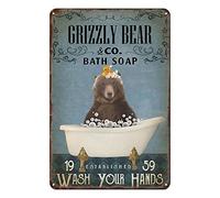 Ascigo Metal Decorations for Outside Wall Metal Sign Bath Soap Grizzly Bear Funny Bathroom Sign Tin Sign Chic Art Wall Metal Decorations Funny Iron Plaque Signs Gift for Living Room Office 8x12 inch