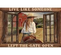 Ascigo Metal Signs for Garage Cowgirl Riding The Horse Live Like Someone Left The Gate Open Tin Sign Chic Art Wall Metal Decorations Funny Iron Plaque Signs Gift for Living Room Office 8x12 inch