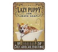 Ascigo Metal Signs Outdoor Bathroom Decor Yellow Bath Soap Corgi Retro Decor Dog Tin Sign Chic Art Wall Metal Decorations Funny Iron Plaque Signs Gift for Living Room Office 8x12 inch