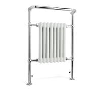 Ascot Traditional Floor Mounted Heated Towel Radiator with Wall Support, 8 Column Steel High Thermal Output Hydronic Central Heating, Curved Towel Rail in Chrome/Gloss White, 952 × 659mm