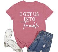 Ascrazy Best Friend Shirts for Women Besties T-Shirt I Get Us Out of Trouble Besties Tee Tops, Pink, M