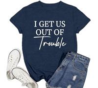 Ascrazy Best Friends Shirts Women I Get Us Out of Trouble T-Shirt Besties Tee Tops, Blue, M