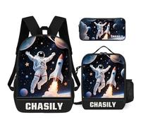 ASD Jewerly 3Pcs Set Personalized Astronaut Rocket Space Themed Backpack Bag Gift, Custom Name Astronaut Rocket Space Print Casual Backpack Laptop Daypack Travel Bag
