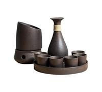 asdchZen 10 Pieces Japanese Sake Set,Sake Cups With Warmer, Traditional Ceramic Porcelain Hot Saki Drink,Includes 1 Sake Pot,6 Sake Cups,1 Thermal Pot,1 Heating Stove,1 Tray Brown