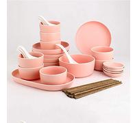asdchZen 36Pcs Nordic Style Dinner Set Household Simple Creative Ceramic Dinnerware Set With Chopsticks Plate Bowl Tableware Gift, Service For 8 People,Pink