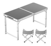 asdchZen Adjustable Height Aluminum Folding Table, Portable Outdoor Camping Table With Handle, Compact 120X60Cm Picnic Dining Table Set With 4 Stools - Blue,100X50cm gray+2 stool