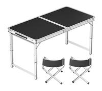 asdchZen Adjustable Height Aluminum Folding Table, Portable Outdoor Camping Table With Handle, Compact 120X60Cm Picnic Dining Table Set With 4 Stools - Blue,100X50cm black+2 stool