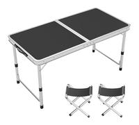 asdchZen Adjustable Height Aluminum Folding Table, Portable Outdoor Camping Table With Handle, Compact 120X60Cm Picnic Dining Table Set With 4 Stools - Blue,120X60cm black+2 stool