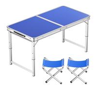 asdchZen Adjustable Height Aluminum Folding Table, Portable Outdoor Camping Table With Handle, Compact 120X60Cm Picnic Dining Table Set With 4 Stools - Blue,100X50cm blue+2 stool