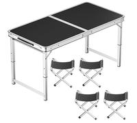 asdchZen Adjustable Height Aluminum Folding Table, Portable Outdoor Camping Table With Handle, Compact 120X60Cm Picnic Dining Table Set With 4 Stools - Blue,100X50cm black+4 stool