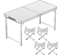 asdchZen Adjustable Height Aluminum Folding Table, Portable Outdoor Camping Table With Handle, Compact 120X60Cm Picnic Dining Table Set With 4 Stools - Blue,100X50cm white+4 stool