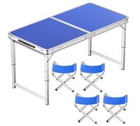 asdchZen Adjustable Height Aluminum Folding Table, Portable Outdoor Camping Table With Handle, Compact 120X60Cm Picnic Dining Table Set With 4 Stools - Blue,100X50cm blue+4 stool