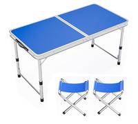 asdchZen Adjustable Height Aluminum Folding Table, Portable Outdoor Camping Table With Handle, Compact 120X60Cm Picnic Dining Table Set With 4 Stools - Blue,120X60cm blue+2 stool