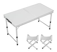 asdchZen Adjustable Height Aluminum Folding Table, Portable Outdoor Camping Table With Handle, Compact 120X60Cm Picnic Dining Table Set With 4 Stools - Blue,120X60cm white+2 stools