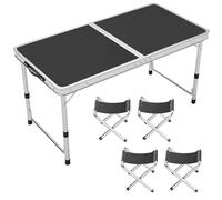 asdchZen Adjustable Height Aluminum Folding Table, Portable Outdoor Camping Table With Handle, Compact 120X60Cm Picnic Dining Table Set With 4 Stools - Blue,120X60cm black+4 stool