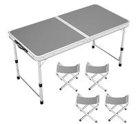 asdchZen Adjustable Height Aluminum Folding Table, Portable Outdoor Camping Table With Handle, Compact 120X60Cm Picnic Dining Table Set With 4 Stools - Blue,120X60cm gray+4 stool