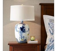 asdchZen Ceramic Table Lamp Chinese Blue Painted Pattern Ceramic Table Lamp Big Belly White Art Model Room Living Room Decoration Table Lamp,For Living Room