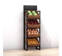 asdchZen Commercial Supermarket Fruit Vegetable Shelf, Large Capacity Retail Snack Rack Display With Wood Baskets For Kitchen Storage.3 Tier,Black rack+wooden box