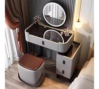 asdchZen Modern Makeup Vanity Desk With 360° Rotating Mirror Tempered Glass Vanity Table With Led Lights And Storage Includes Makeup Stool Pink,Grey,70cm/27.5in