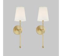 asdchZen Rural Classic Wall Lamp Vintage Fabric Shade Wall Sconce With Nickel/Brass Linear Column Stand, Farmhouse White Flared Textile Bathroom Lighting Fixture Vintage Bedside Reading W