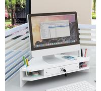 asdchZen Triangle Computer Monitor Riser With Drawer/Pen Holder, Wooden Corner Monitor Stand, 2 Tier, Open Desktop Shelf Rack For Home Office,White