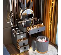 asdchZen Vanity Table With Mirror & Lights Makeup Desk With Cushioned Stool Dressing Table With Drawers & Retractable Side Cabinet For Girls & Women Grey 71X41X77Cm,Grey-71x41x77cm