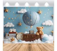 ASDCXZ 1st Birthday Photo Backdrop 7x5FT, Little Bear Star Blue Hot Air Balloon for Boy's Birthday Party, Baby Shower Studio Props with Banner