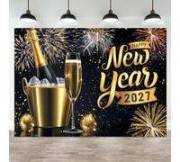 ASDCXZ 20x10ft Happy New Year 2027 Backdrop Black Gold Fireworks Celebration Party Background Glitter Champagne Night Sky Decoration for Photography Studio Family Reunion Christmas Holiday Banner