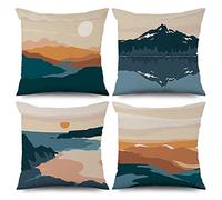 ASDCXZ 4 Piece Boho 50x50 cm, Modern Boho Abstract Art Sun Peak Beige Blue Decorative Pillow Covers Washable Polyester Flax Textile Upholstery