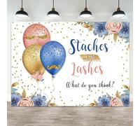 ASDCXZ 5x3ft Gender Reveal Backdrop Staches or Lashes Photography Background Boy or Girl Pink Blue Flowers Leaves Golden Balloon Baby Shower Banner Decorations Newborn Portrait Photo Booth Prop