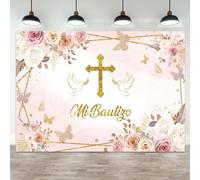 ASDCXZ 5x3ft Mi Bautizo Backdrop First Holy Communion Baptism Photography Background Golden Cross Dove Butterfly Pink Floral Baby Shower Decorations Girl Christening Portrait Photo Booth Prop