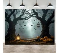 ASDCXZ 6x4ft Halloween Photo Backdrop Spooky Haunted Forest Scene with Twisted Dead Trees Flying Bats Pumpkins Vintage Lantern Birdcage Foggy Night Background Trick or Treat Photo Booth Prop